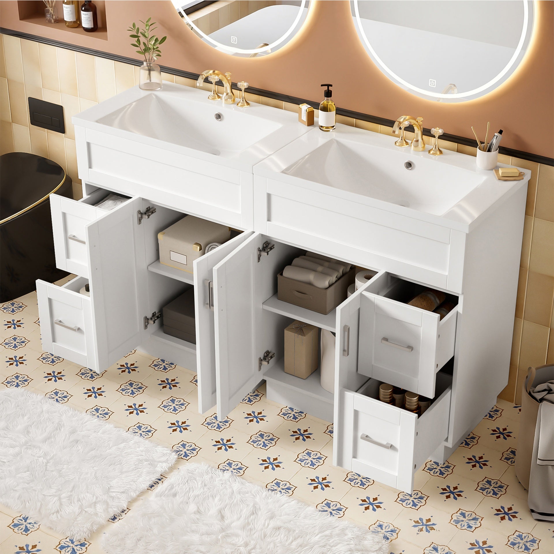60-Inch Bathroom Vanity with 4 Cabinet Doors, 4 Drawers, 2 Adjustable Shelves, Dual SMC Resin Sinks, Hidden Soft-Close Drawers & Soft-Close Hinges