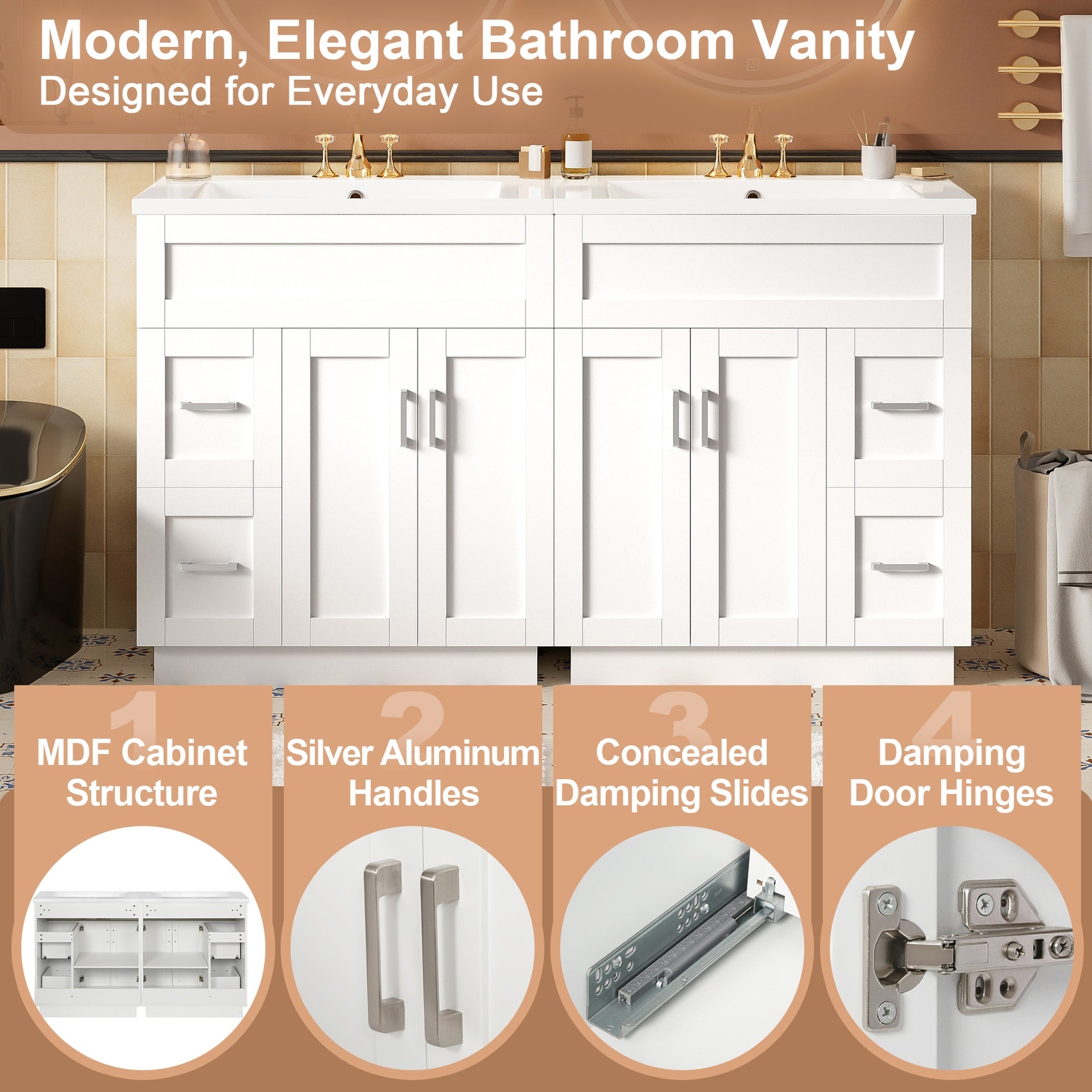 60-Inch Bathroom Vanity with 4 Cabinet Doors, 4 Drawers, 2 Adjustable Shelves, Dual SMC Resin Sinks, Hidden Soft-Close Drawers & Soft-Close Hinges