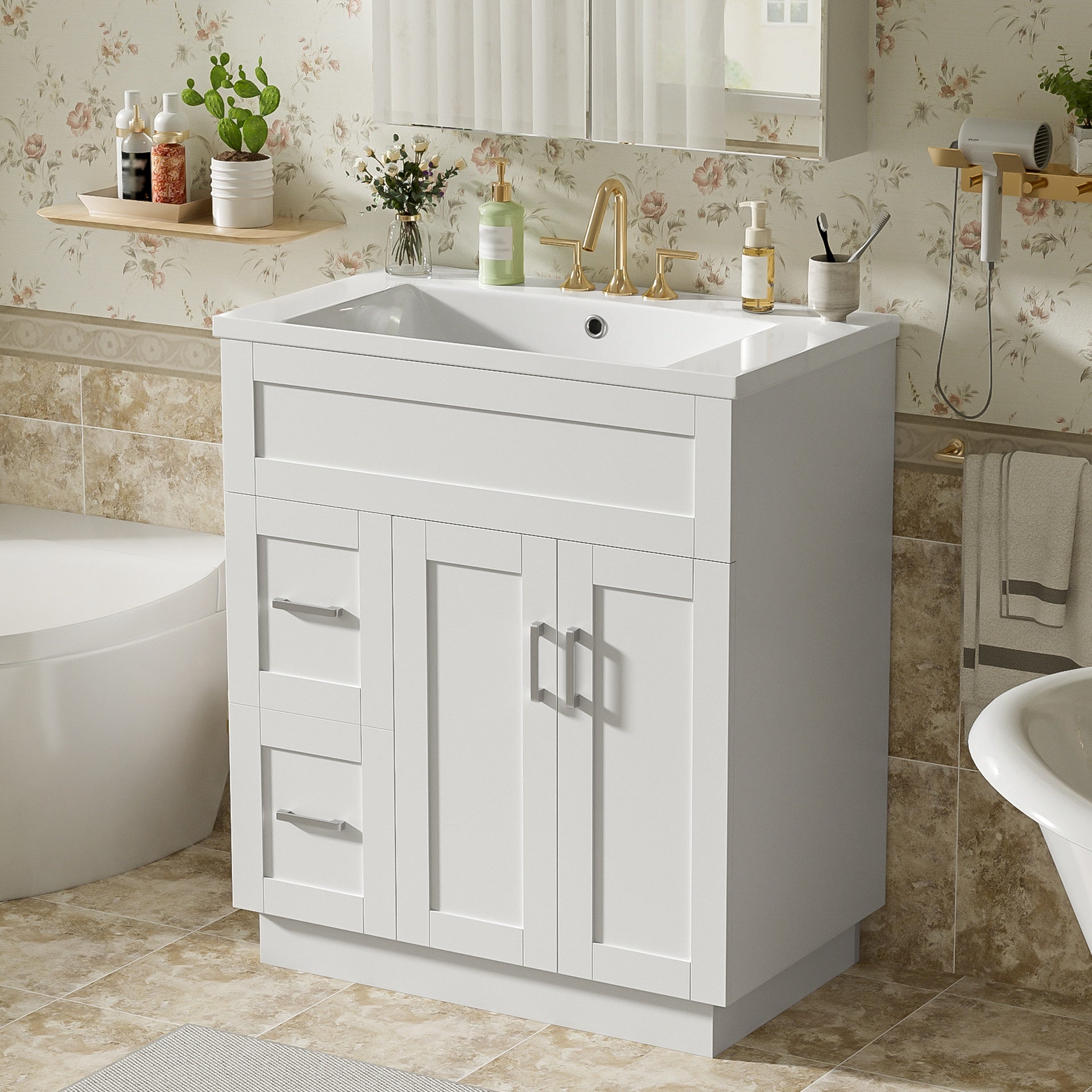30-Inch Bathroom Vanity with 2 Doors, 2 Drawers, Adjustable Shelf, Hidden Damping Slides for Drawers & Damping Hinges for Doors