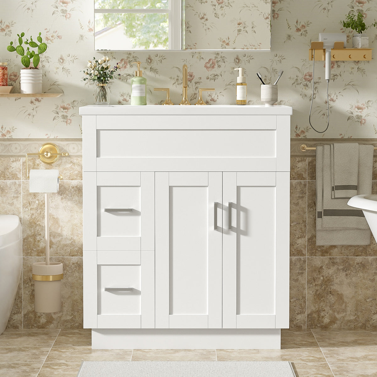 30-Inch Bathroom Vanity with 2 Doors, 2 Drawers, Adjustable Shelf, Hidden Damping Slides for Drawers & Damping Hinges for Doors