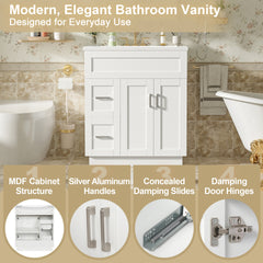 30-Inch Bathroom Vanity with 2 Doors, 2 Drawers, Adjustable Shelf, Hidden Damping Slides for Drawers & Damping Hinges for Doors