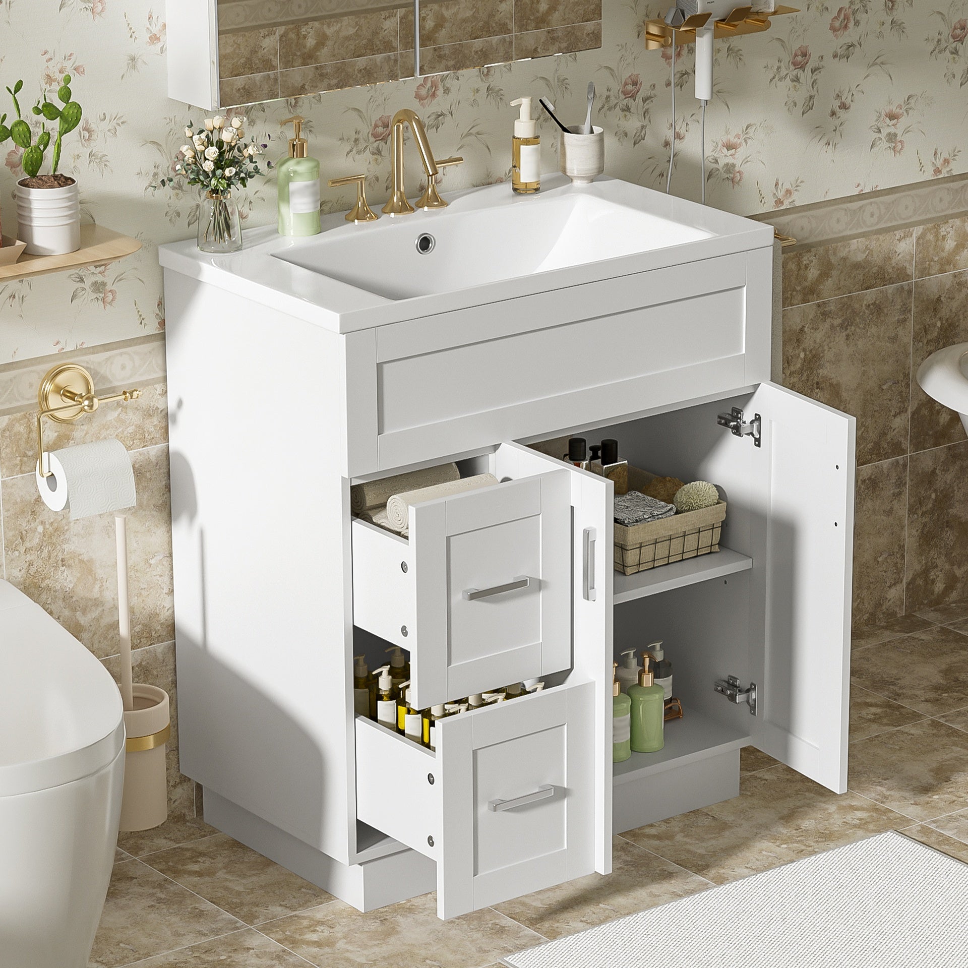 30-Inch Bathroom Vanity with 2 Doors, 2 Drawers, Adjustable Shelf, Hidden Damping Slides for Drawers & Damping Hinges for Doors