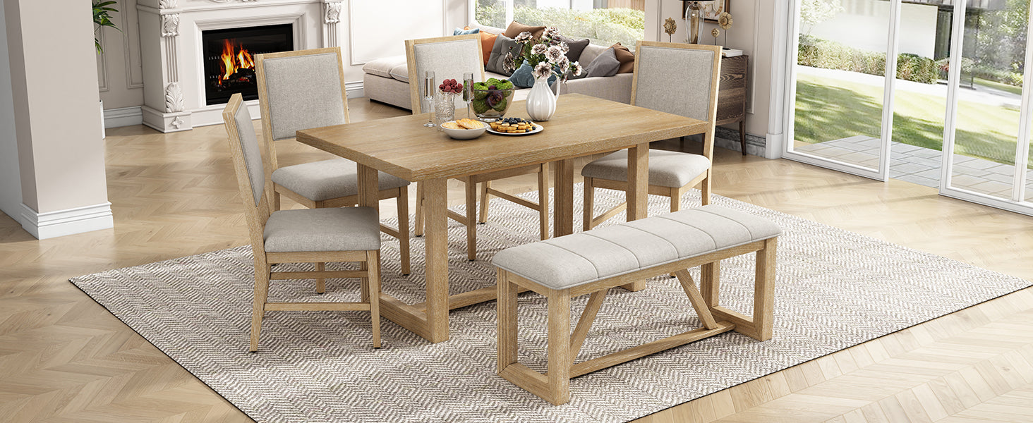 TREXM 6-Piece Retro Dining Table Set for 6, 60" Wood Kitchen Table and Chairs Set of 4 with Bench Designed Trestle Base for kitchen & Dining Room (Natural)
