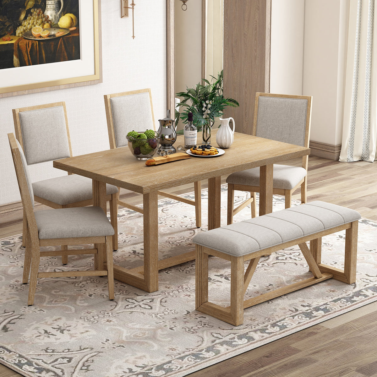 TREXM 6-Piece Retro Dining Table Set for 6, 60" Wood Kitchen Table and Chairs Set of 4 with Bench Designed Trestle Base for kitchen & Dining Room (Natural)