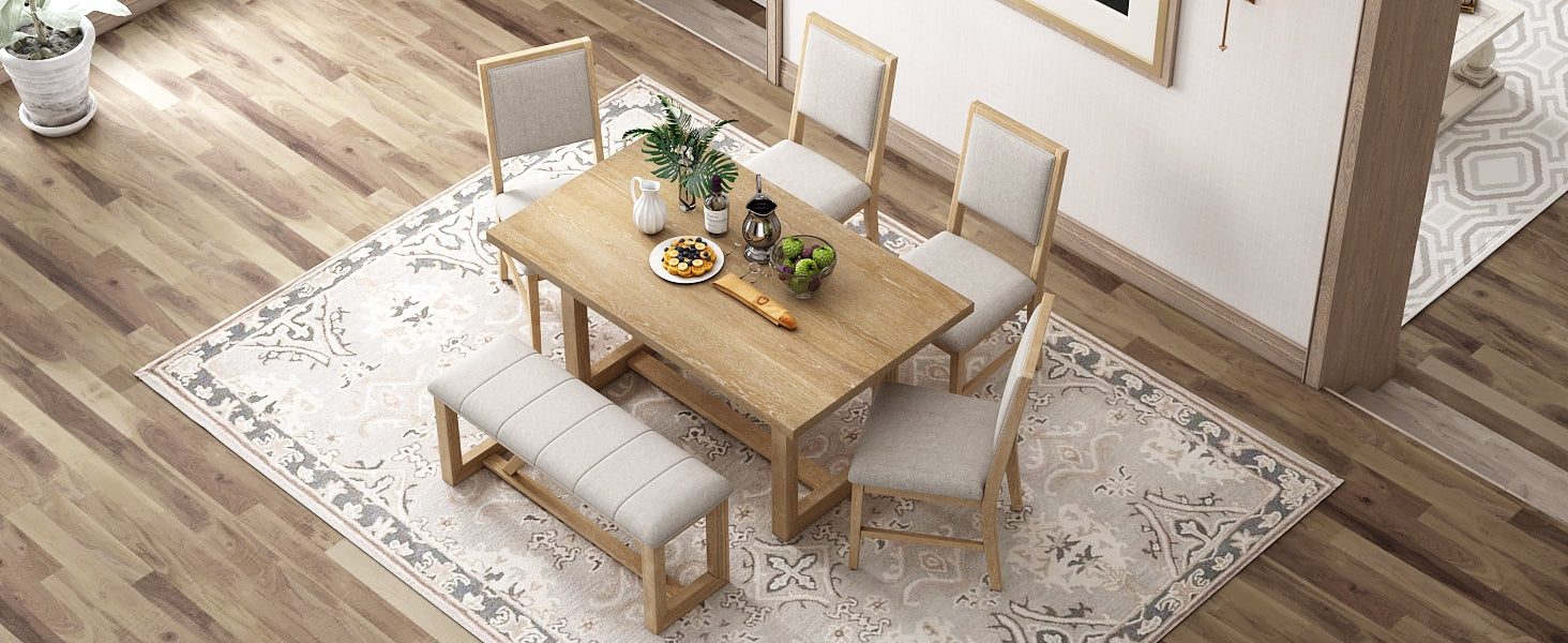 TREXM 6-Piece Retro Dining Table Set for 6, 60" Wood Kitchen Table and Chairs Set of 4 with Bench Designed Trestle Base for kitchen & Dining Room (Natural)