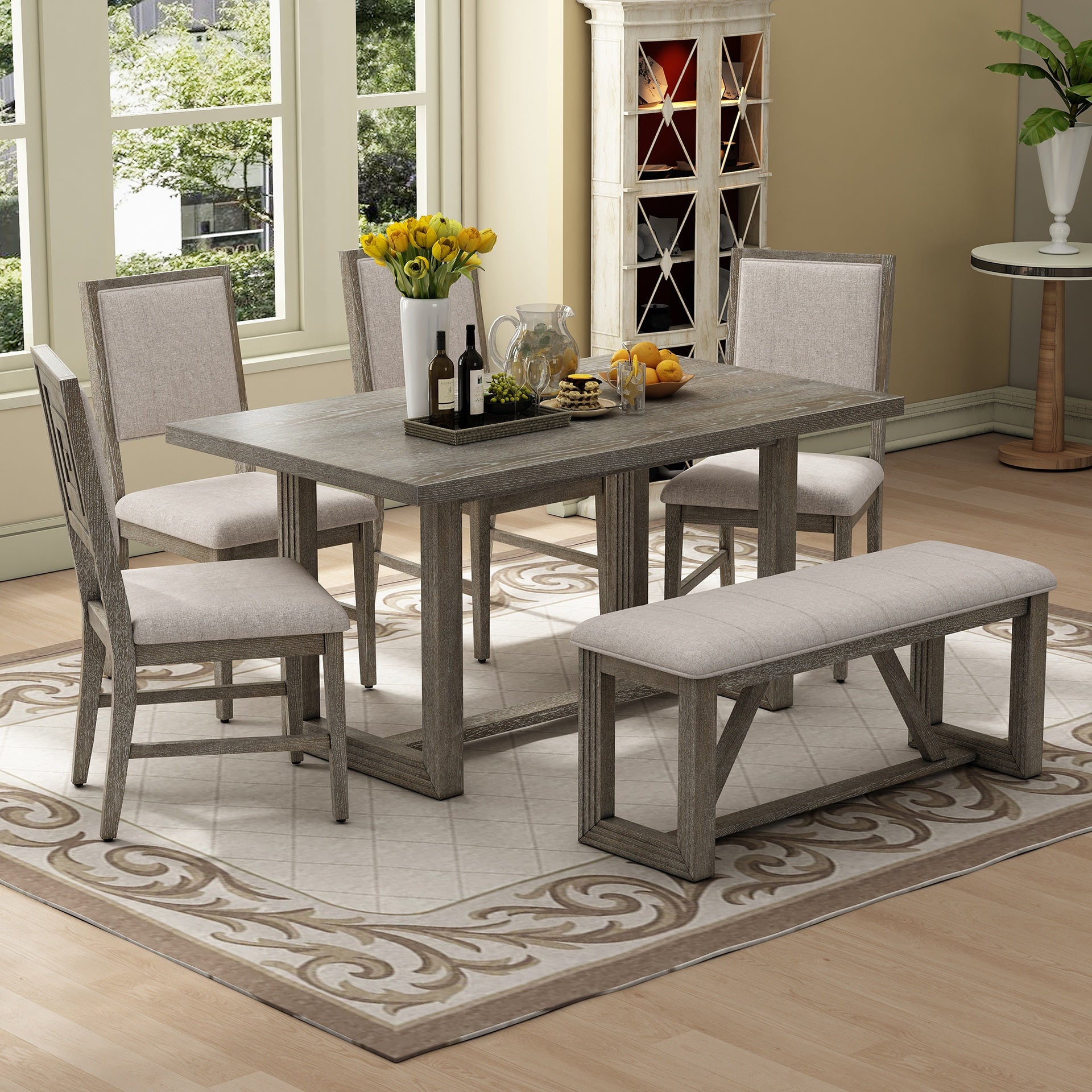 TREXM 6-Piece Retro Dining Table Set for 6, 60" Wood Kitchen Table and Chairs Set of 4 with Bench Designed Trestle Base for kitchen & Dining Room (Gray)