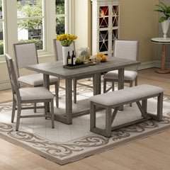 TREXM 6-Piece Retro Dining Table Set for 6, 60" Wood Kitchen Table and Chairs Set of 4 with Bench Designed Trestle Base for kitchen & Dining Room (Gray)