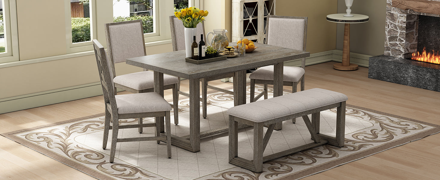 TREXM 6-Piece Retro Dining Table Set for 6, 60" Wood Kitchen Table and Chairs Set of 4 with Bench Designed Trestle Base for kitchen & Dining Room (Gray)