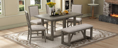 TREXM 6-Piece Retro Dining Table Set for 6, 60" Wood Kitchen Table and Chairs Set of 4 with Bench Designed Trestle Base for kitchen & Dining Room (Gray)