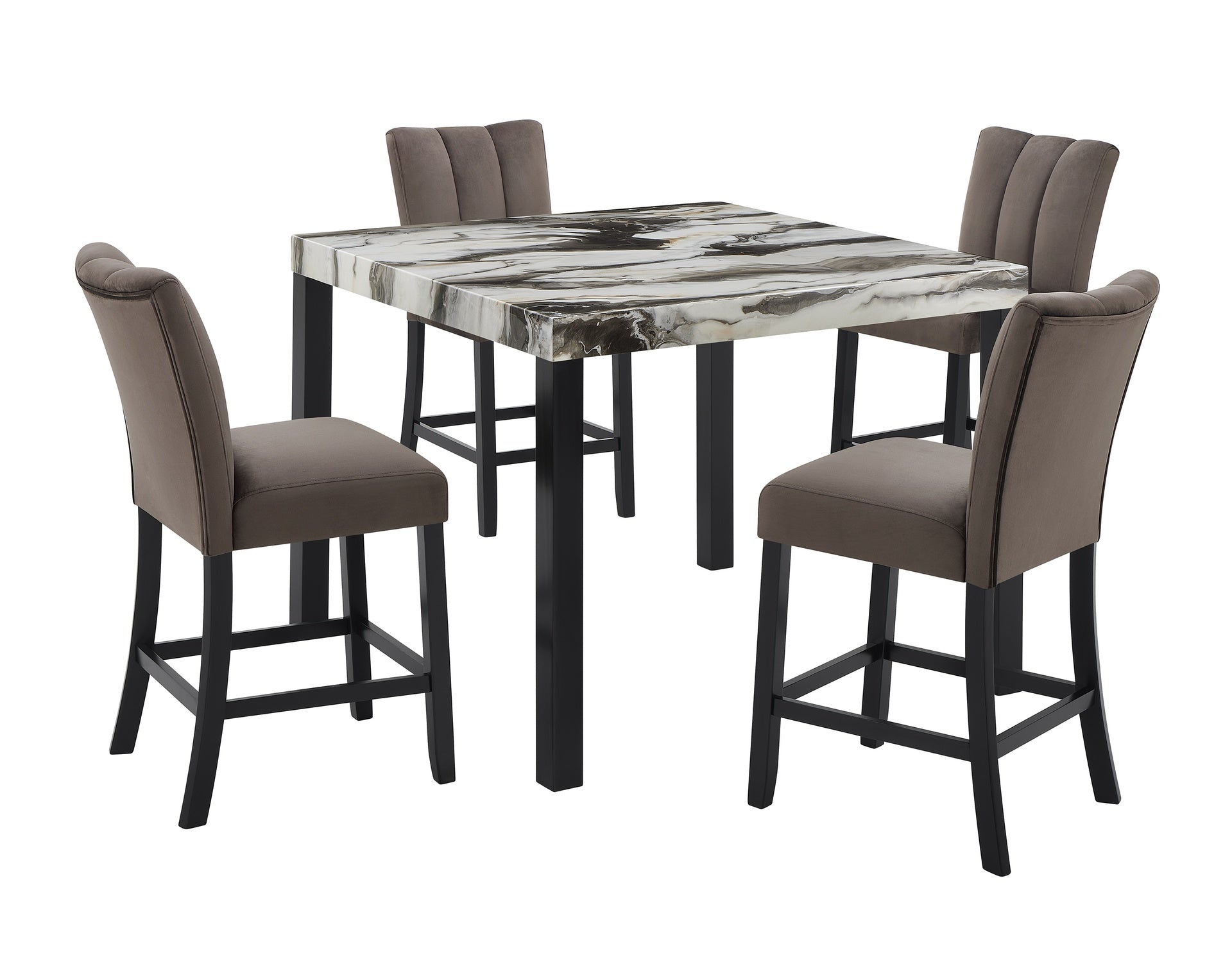 5pc Beautiful Black/Brown Faux Marble Counter Height Dining Set Square Table Upholstered Gently Curved Table Dining Room Wooden Furniture Black, Brown, Mocha, Cream