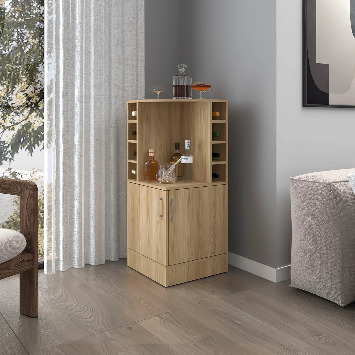 Natural Oak Corner Bar Cabinet with Bottle Rack and Open Shelf