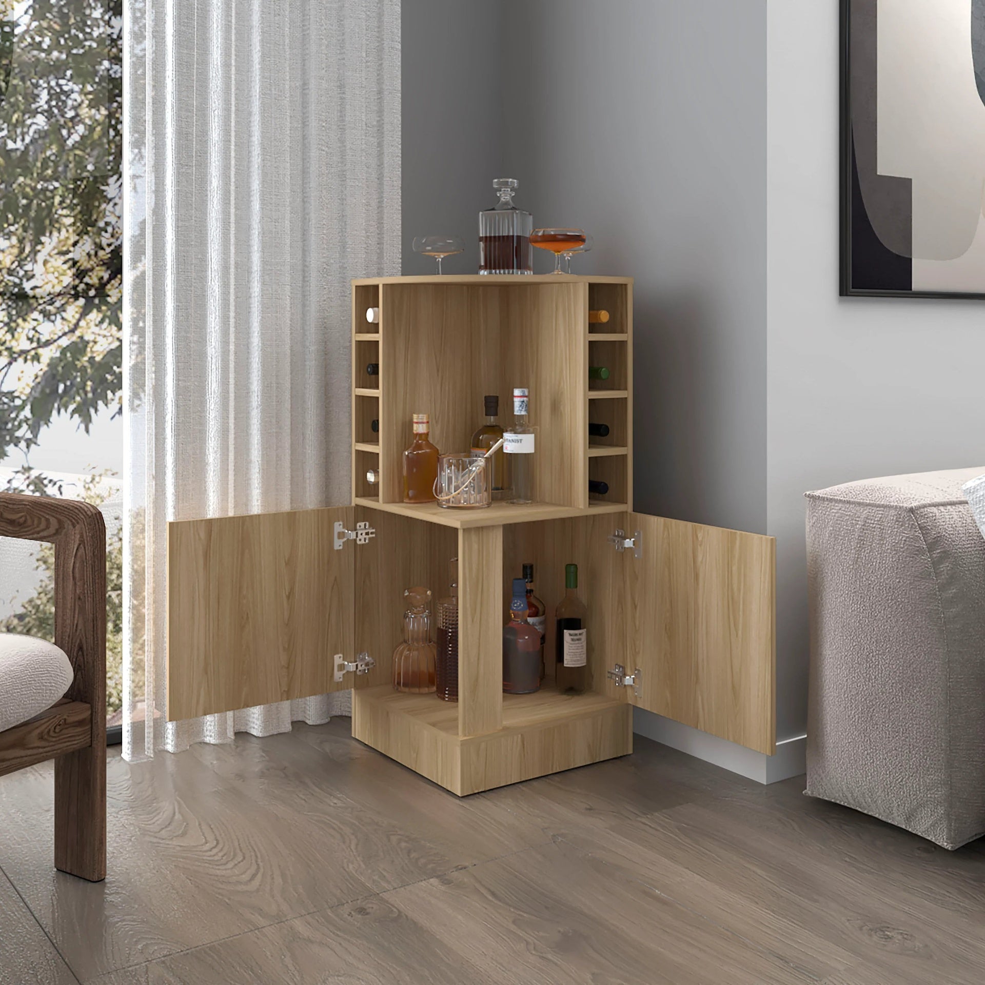 Natural Oak Corner Bar Cabinet with Bottle Rack and Open Shelf