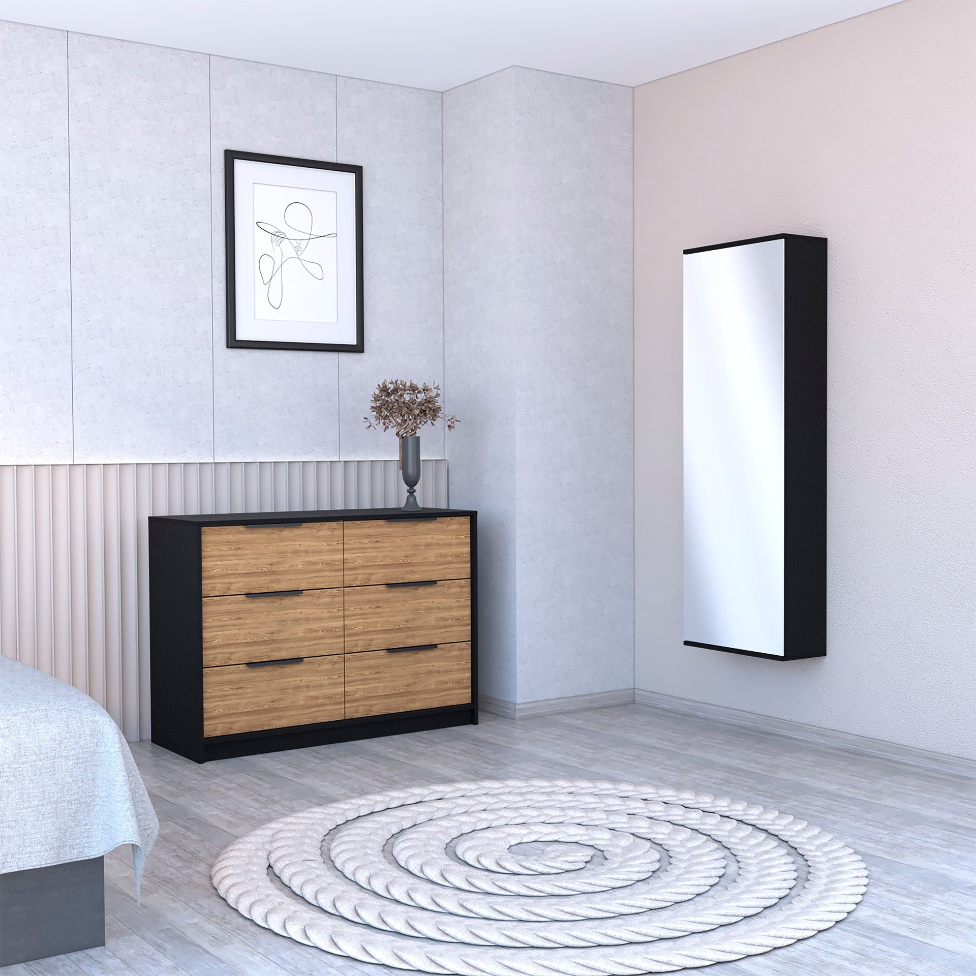 2-Piece Bedroom Set, Wall Mounted Shoe Rack and Dresser, Wenge, Mirror and Pine