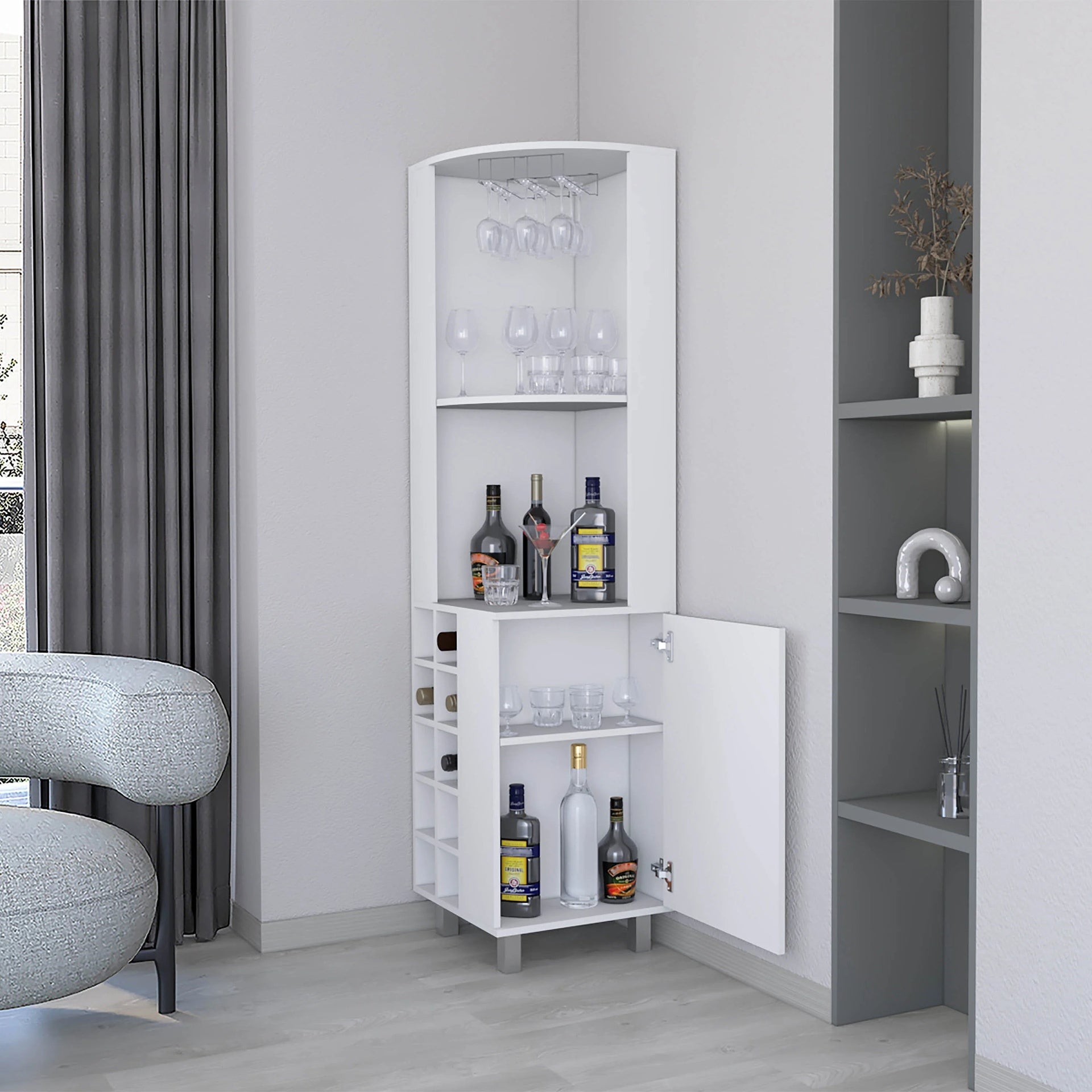 White Corner Bar Cabinet with Glass Holder and Wine Rack