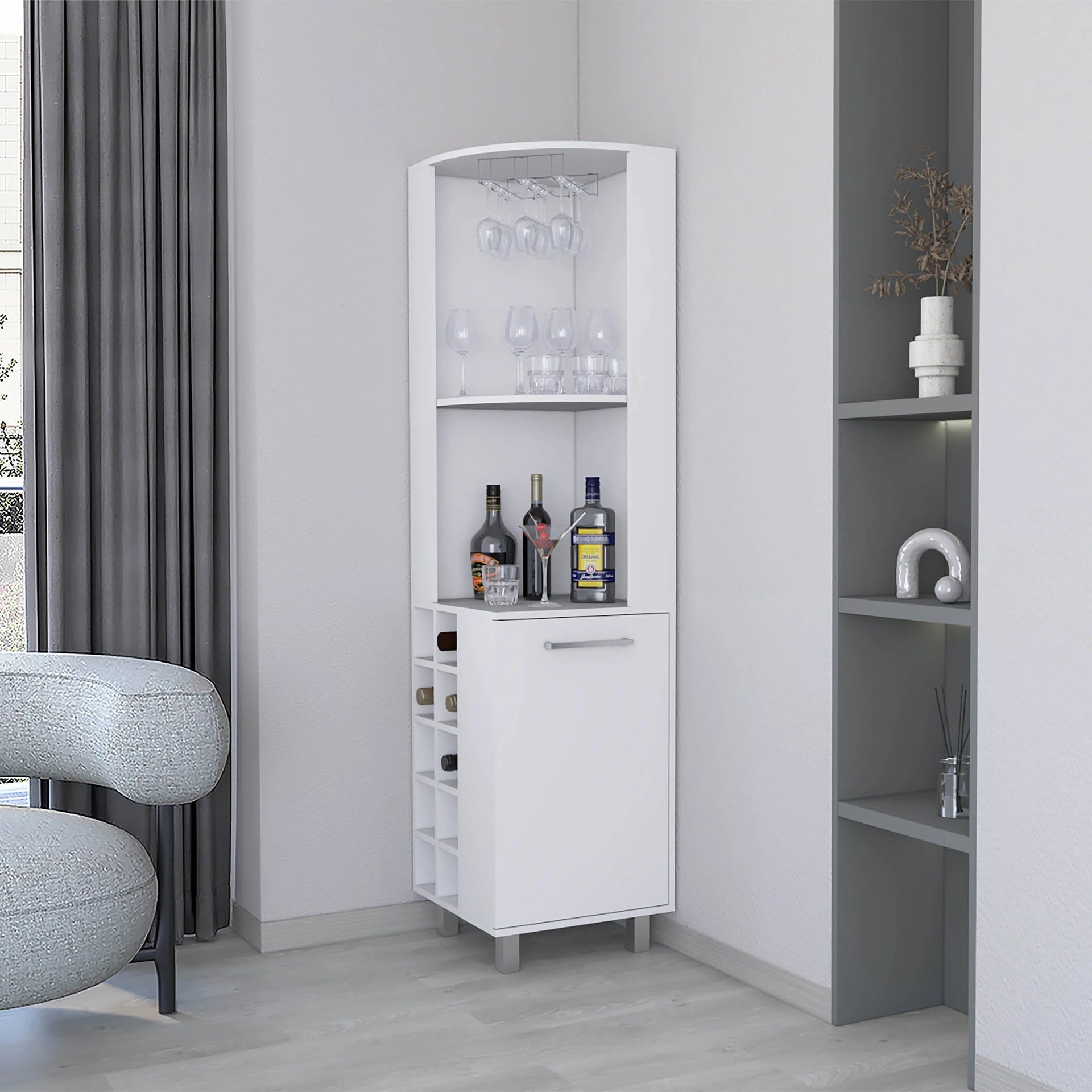 White Corner Bar Cabinet with Glass Holder and Wine Rack