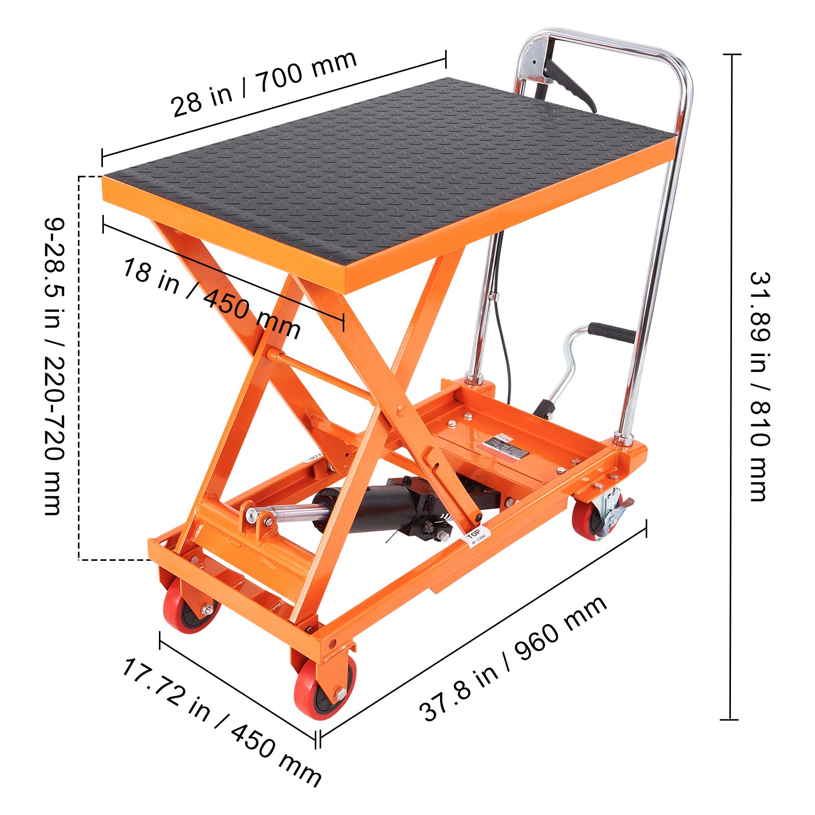 Hydraulic Lift Table Cart, 500lbs Capacity 28.5" Lifting Height, Manual Single Scissor Lift Table with 4 Wheels and Non-slip Pad, Hydraulic Scissor Cart for Material Handling, Orange