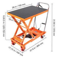 Hydraulic Lift Table Cart, 500lbs Capacity 28.5" Lifting Height, Manual Single Scissor Lift Table with 4 Wheels and Non-slip Pad, Hydraulic Scissor Cart for Material Handling, Orange