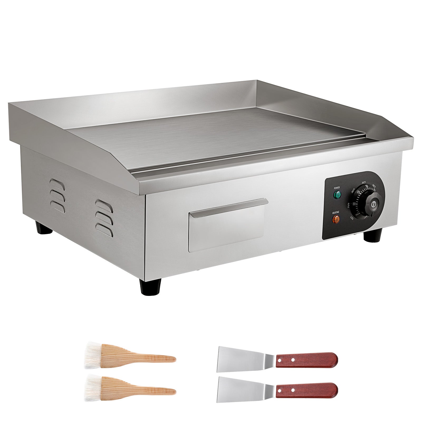 Commercial Electric Griddle, 21 x 11.8 inch, 1750W, 122-570°F Adjustable Temp Control, Stainless Steel Countertop Flat Top Grill with 2 Spatulas, 2 Brushes and 4 Foot Pads, for Steak, Pancake