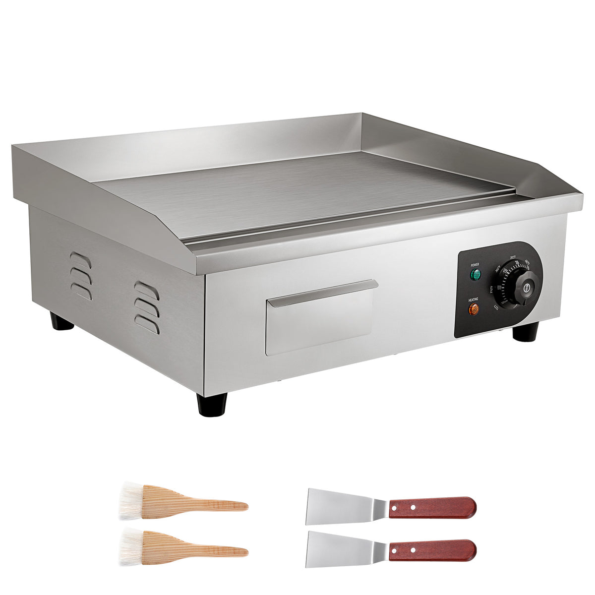 Commercial Electric Griddle, 21 x 11.8 inch, 1750W, 122-570°F Adjustable Temp Control, Stainless Steel Countertop Flat Top Grill with 2 Spatulas, 2 Brushes and 4 Foot Pads, for Steak, Pancake