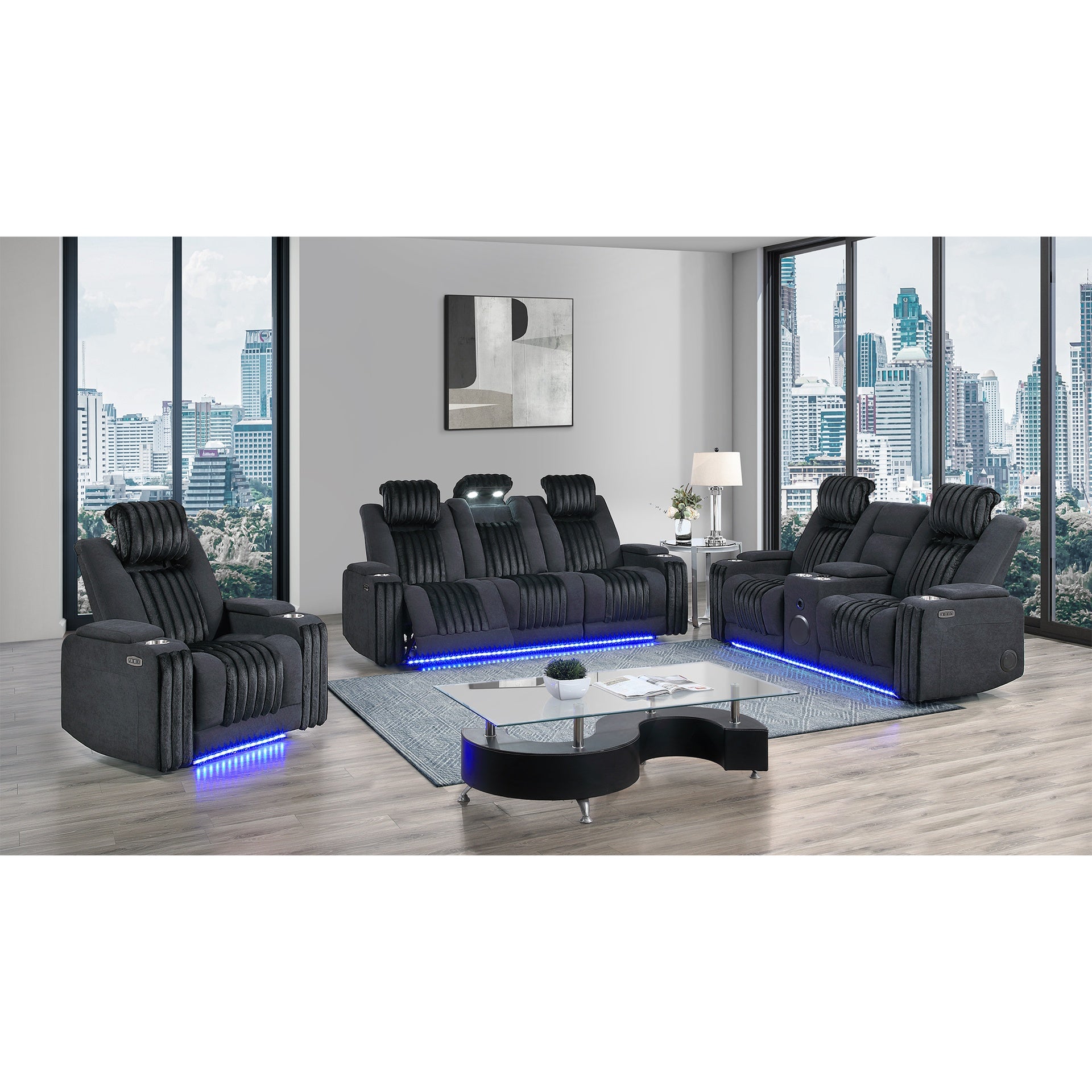 Duran Black 3PC Power Reclining Sofa-Loveseat and Recliner with Power Headrest, LED and more