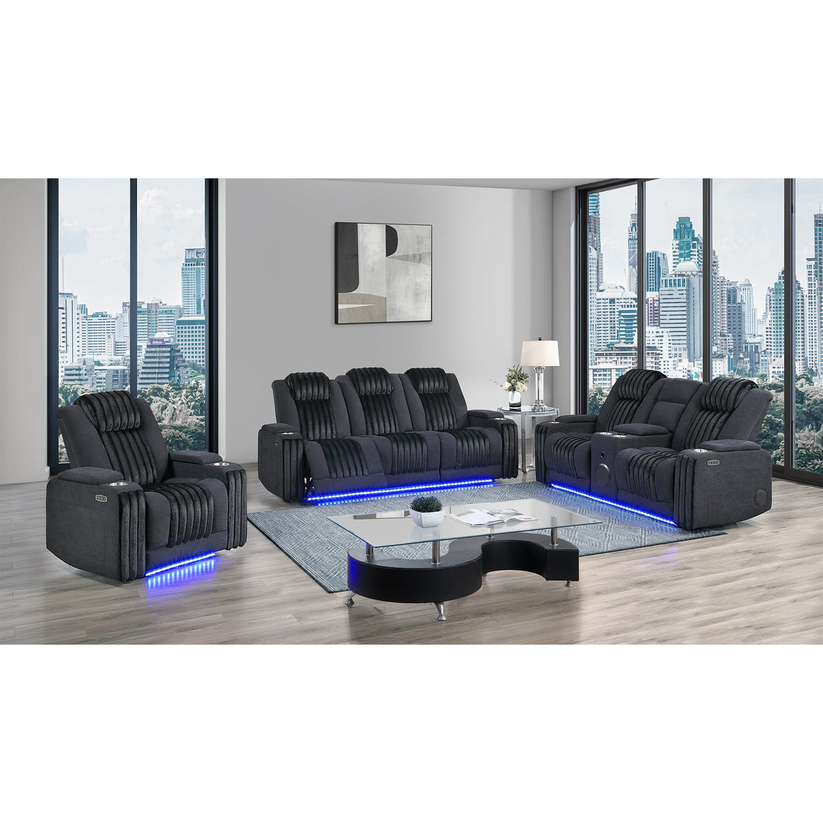 Duran Black 3PC Power Reclining Sofa-Loveseat and Recliner with Power Headrest, LED and more