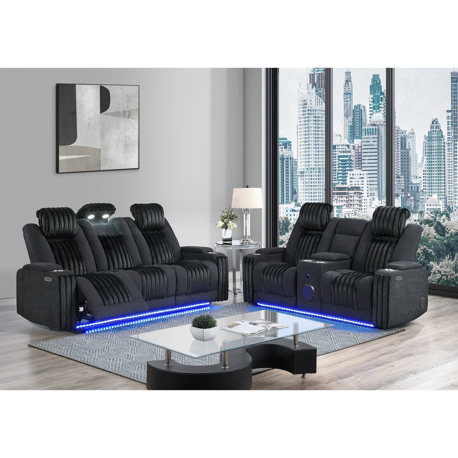 Duran Black 2PC Power Reclining Sofa and Loveseat with Power Headrest, LED and more