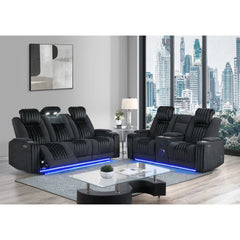 Duran Black 2PC Power Reclining Sofa and Loveseat with Power Headrest, LED and more