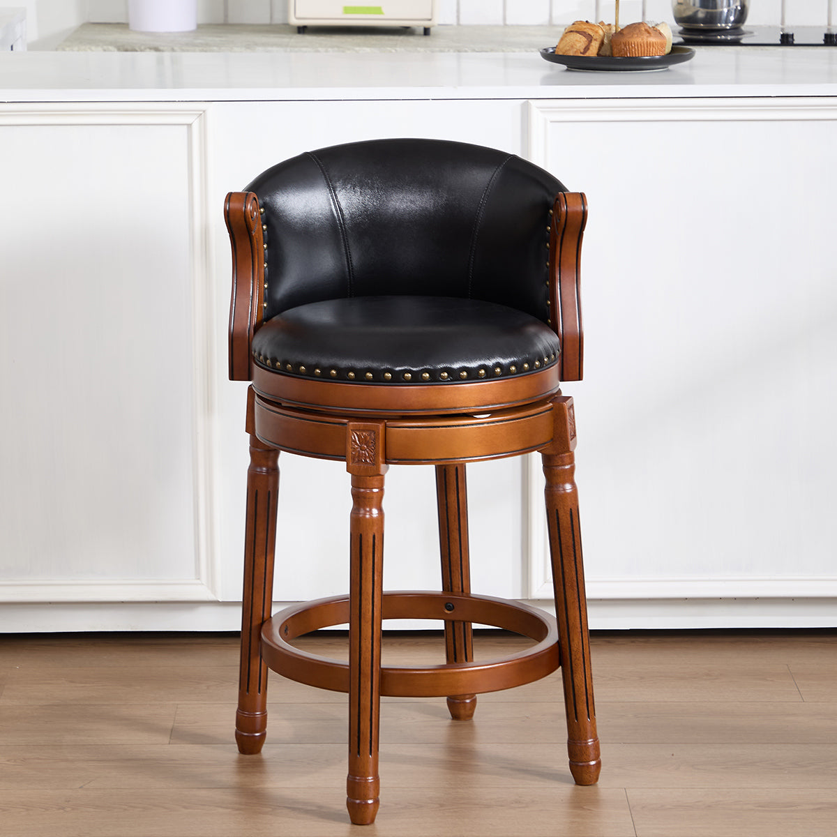 Cow top Leather Wooden Bar Stools, 360 Degree Swivel Bar Chair with Backs,Bar height Couner Height Barstools  for Home Kitchen Dining Room and Bar Room(black 1pc)