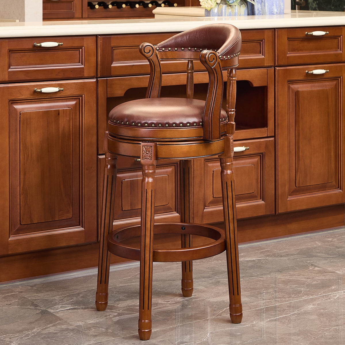 Cow top Leather Wooden Bar Stools, 360 Degree Swivel Bar Chair with Backs,Bar height Couner Height Barstools  for Home Kitchen Dining Room and Bar Room(brown 1pc)