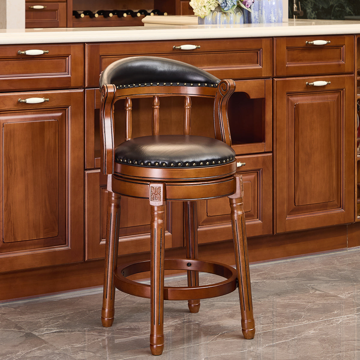 Cow top Leather Wooden Bar Stools, 360 Degree Swivel Bar Chair with Backs,Bar height Couner Height Barstools  for Home Kitchen Dining Room and Bar Room(black 1pc)