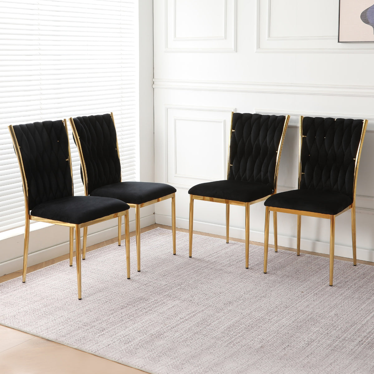 Modern simple black velvet dining chair, family bedroom stool back student table chair, gold-plated metal chair legs, suitable for dining room kitchen bedroom (set of 4)