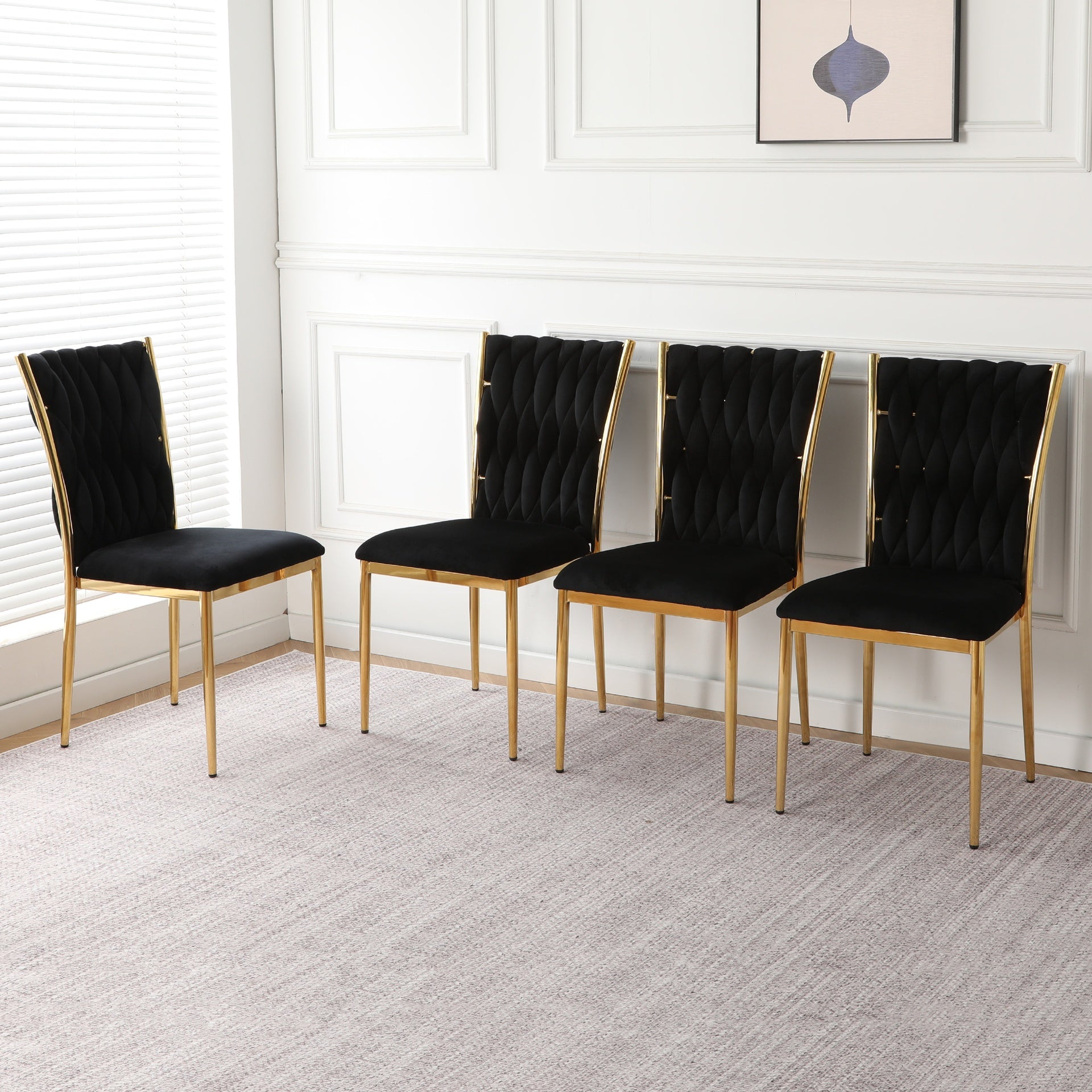 Modern simple black velvet dining chair, family bedroom stool back student table chair, gold-plated metal chair legs, suitable for dining room kitchen bedroom (set of 4)