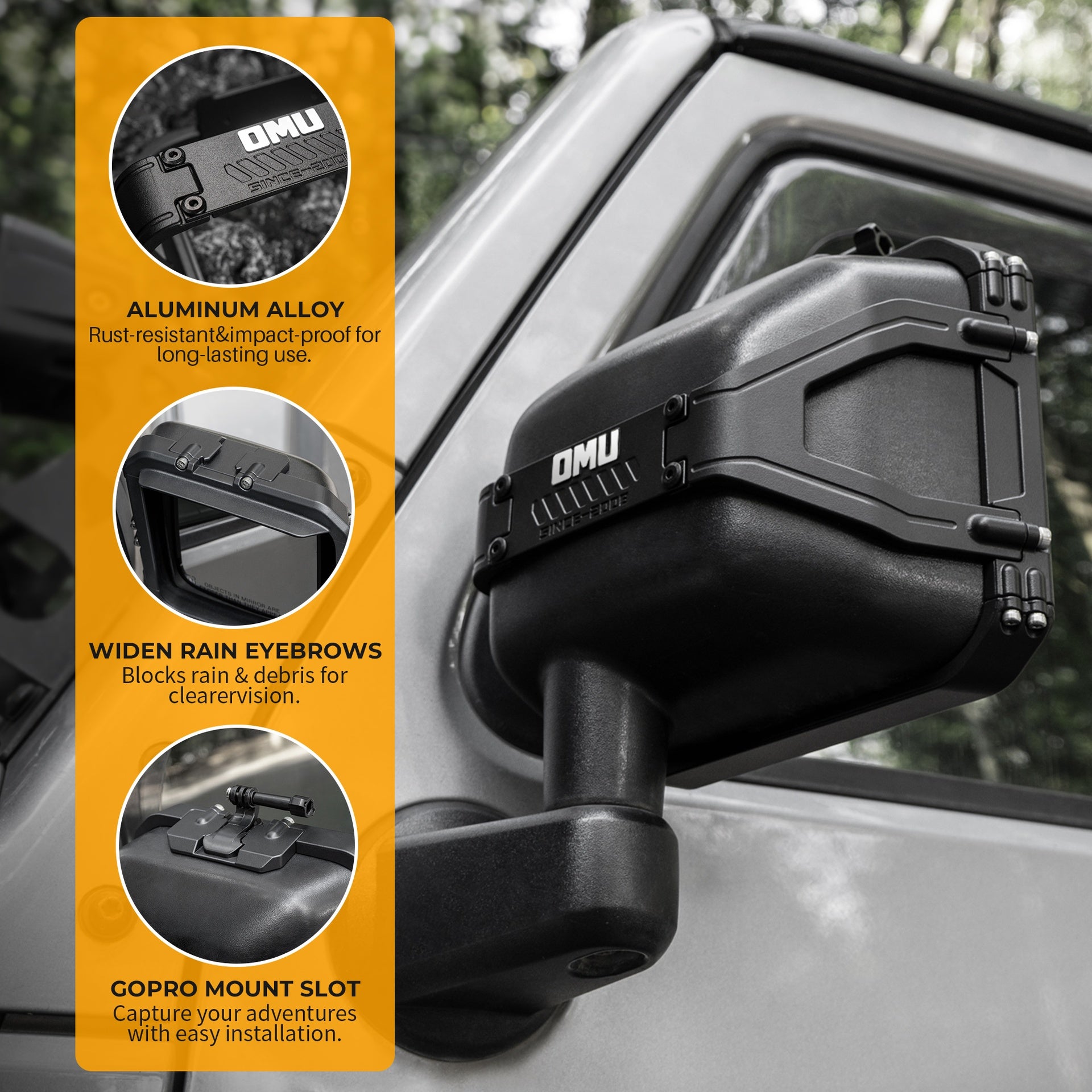 OMU Genesis Series Aluminum Rearview Mirror Rain Shield Frame For 2007-2018 Jeep Wrangler JK with Action Camera Mounting