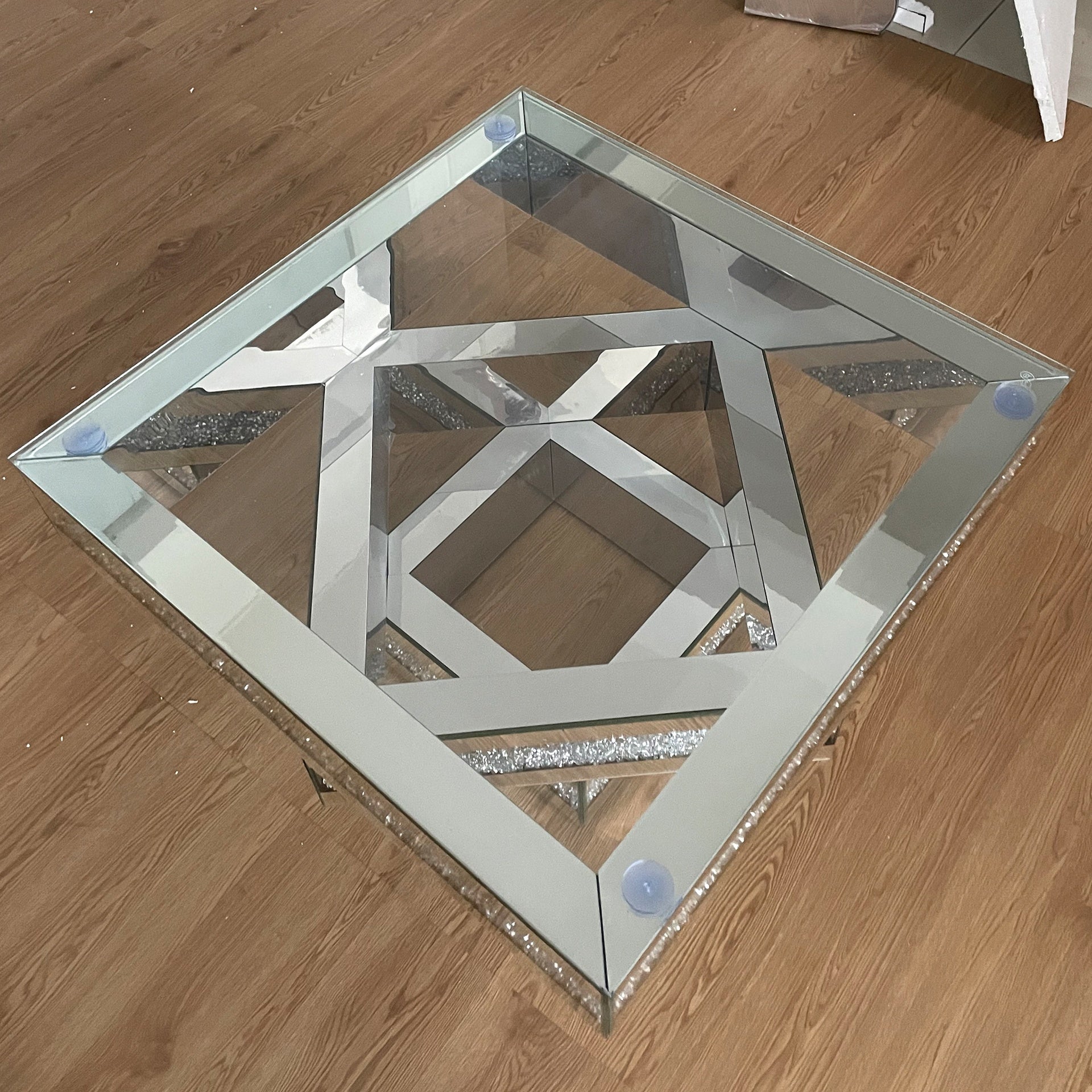 Modern Glam Mirrored Glass Coffee Table with Acrylic diamond Square Three-layer Centre Table Living room furniture