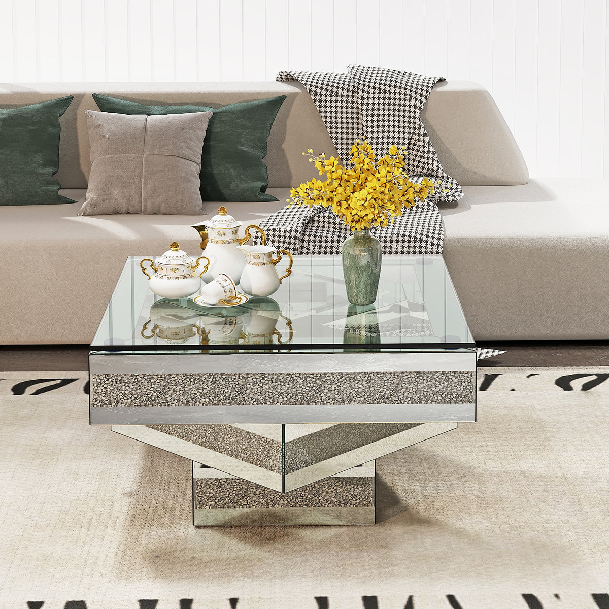 Modern Glam Mirrored Glass Coffee Table with Acrylic diamond Square Three-layer Centre Table Living room furniture