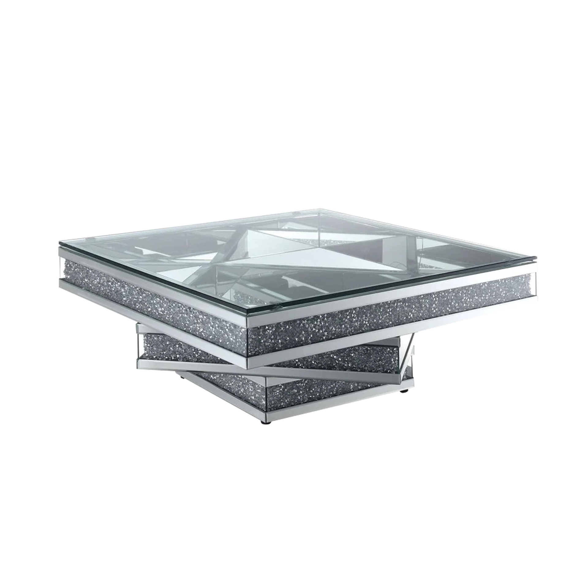 Modern Glam Mirrored Glass Coffee Table with Acrylic diamond Square Three-layer Centre Table Living room furniture