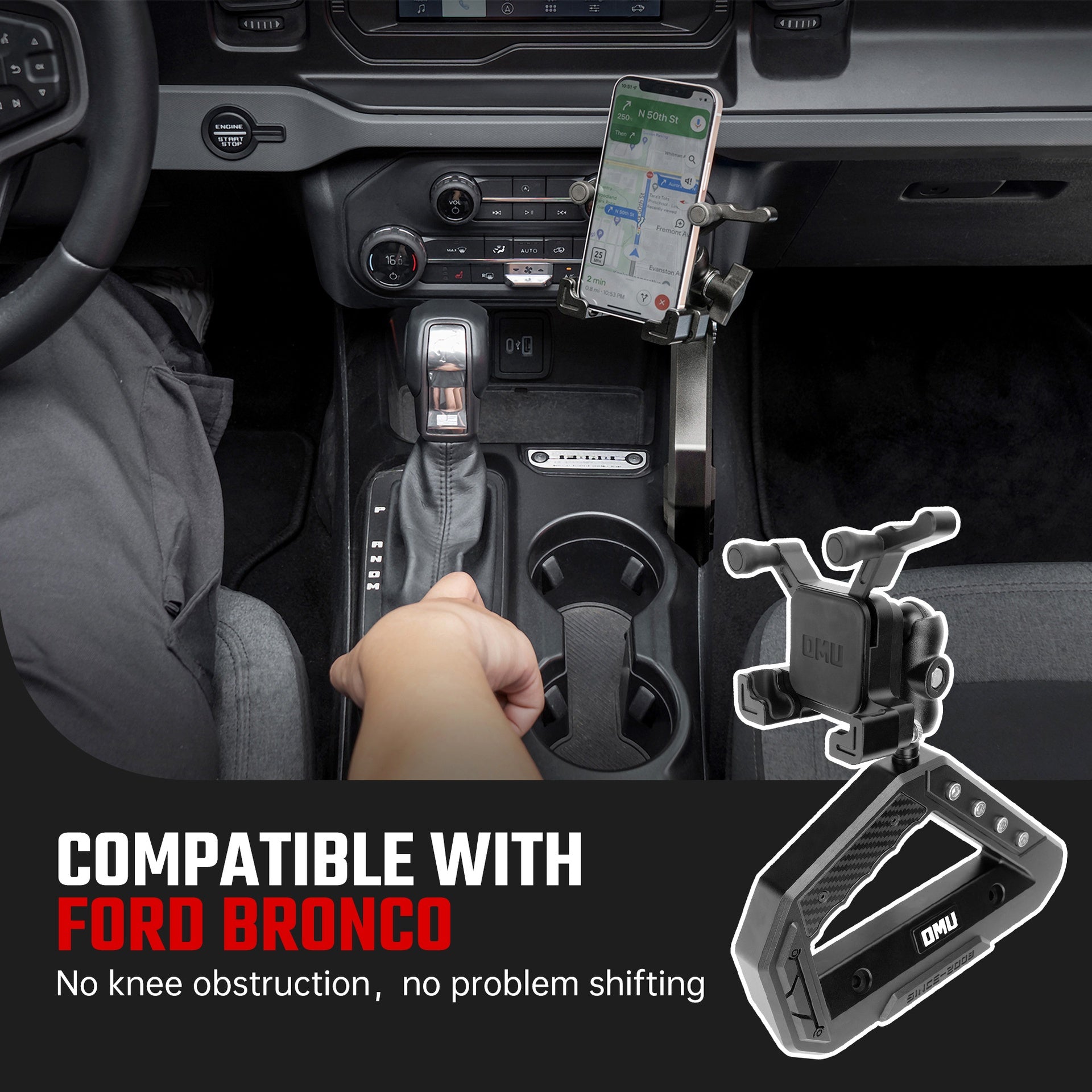 OMU Genesis Series Aluminum Center Console Grab Handle With Phone Holder For Ford Bronco 2021+( Not fit for Ford Bronco Sport)