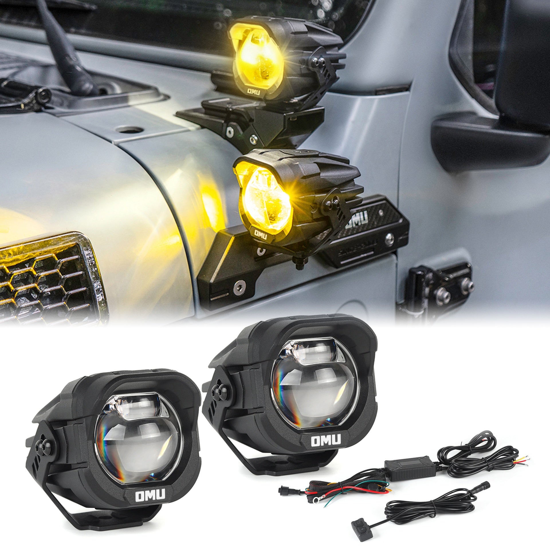OMU Genesis Series Aluminum Yellow Color High Low Beam Switchable A-Pillar Spotlight Compatible with Trucks Jeep Ford etc ATV Motorcycle