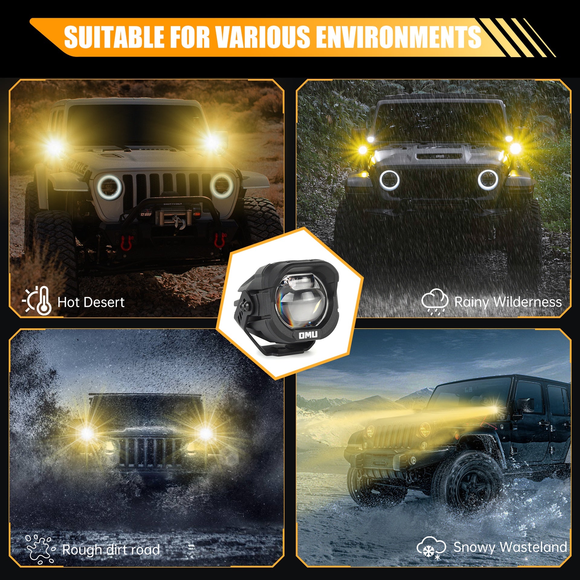 OMU Genesis Series Aluminum Yellow Color High Low Beam Switchable A-Pillar Spotlight Compatible with Trucks Jeep Ford etc ATV Motorcycle
