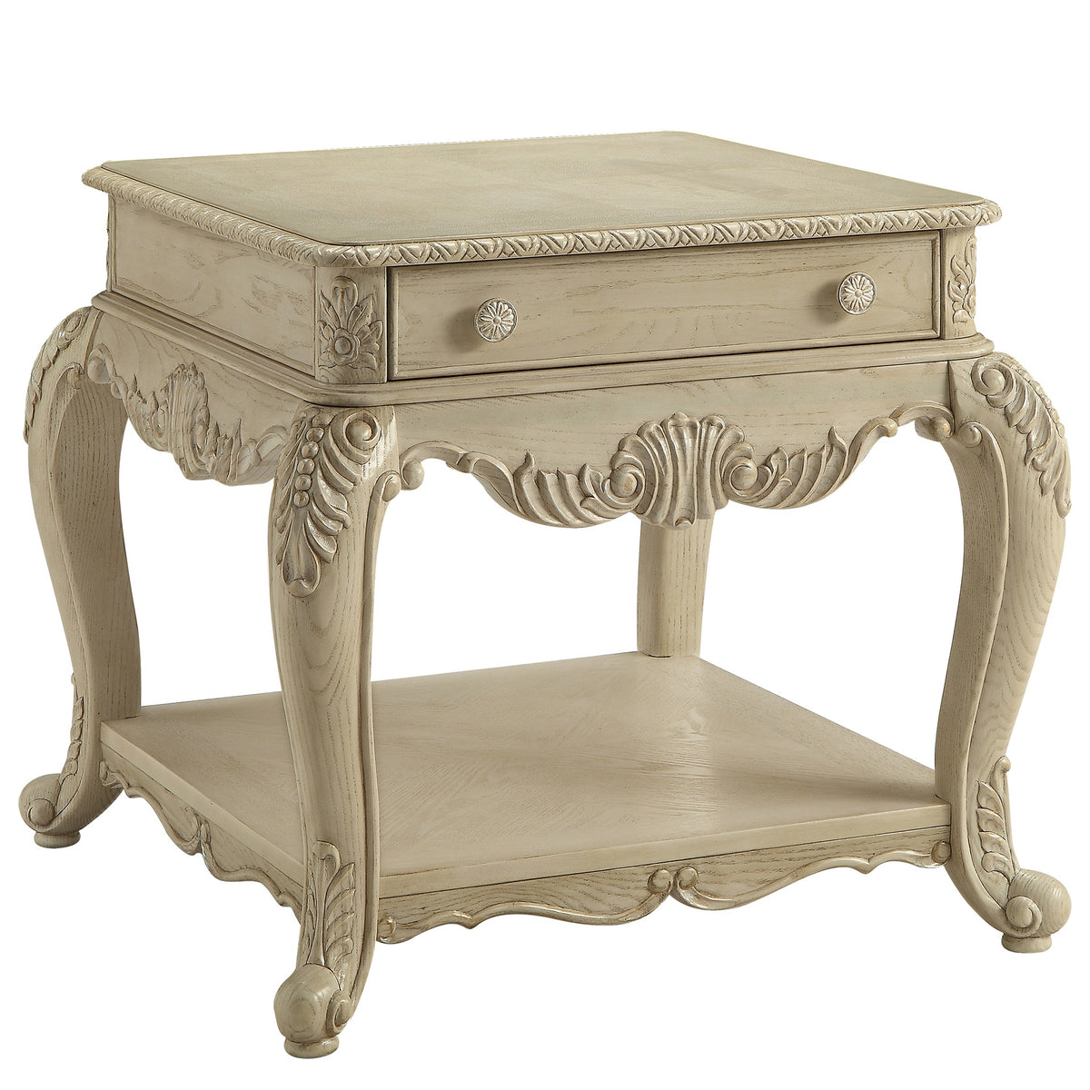 Antique White End Table with Bottom Shelf