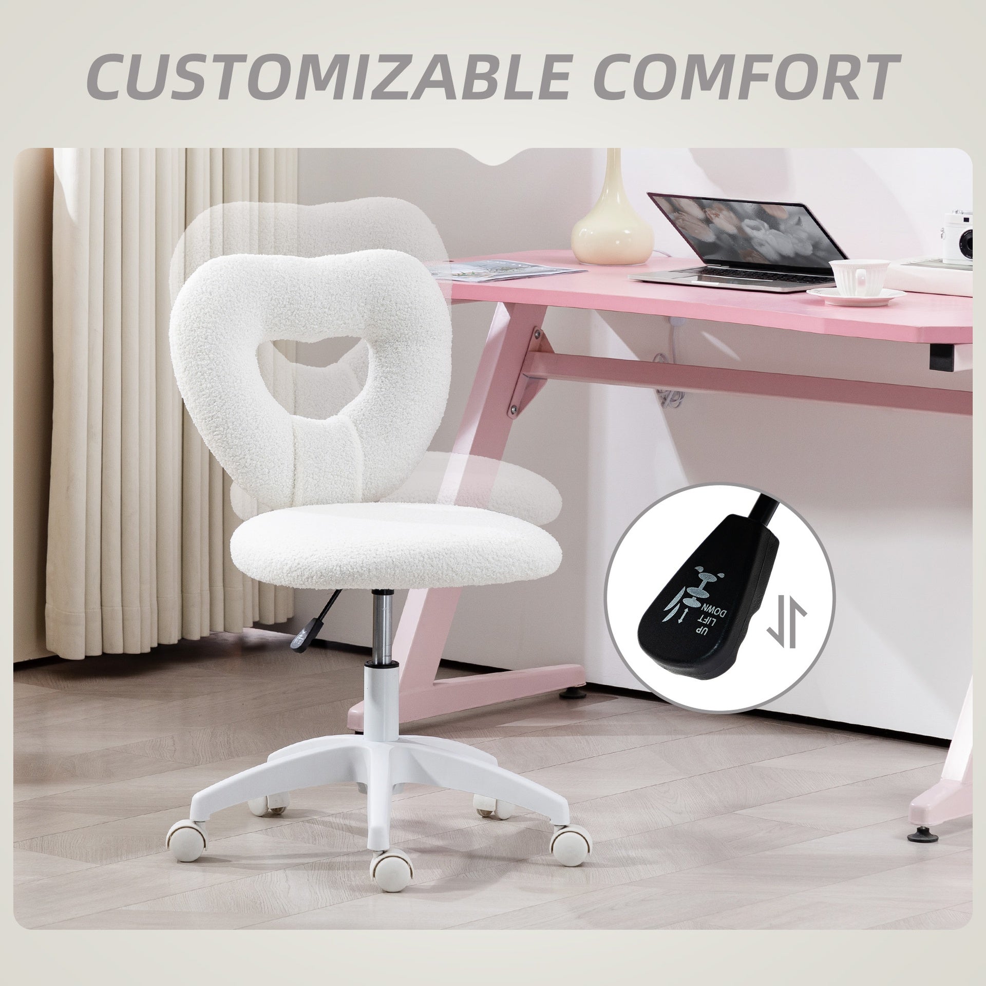 Office Task Chair, Heart Chair with Swivel Wheels, White