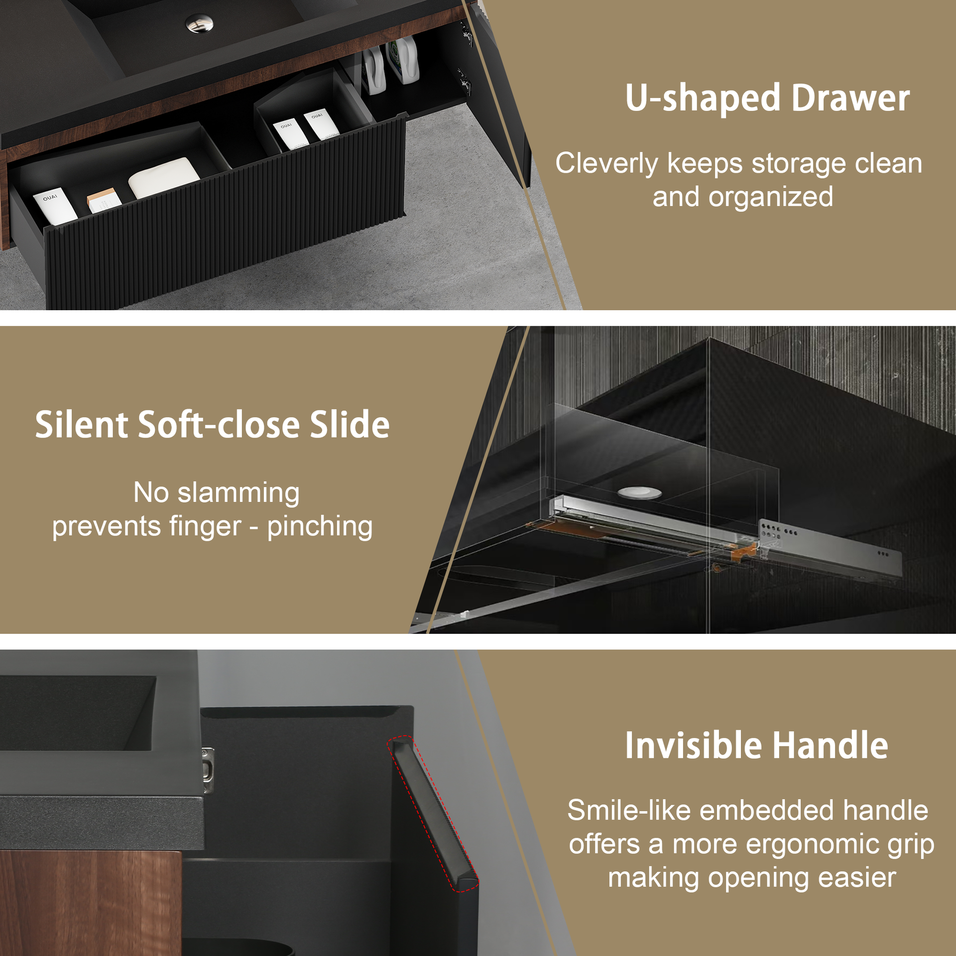48'' Floating Bathroom Vanity with Sink Combo, Modern Wall-Mounted Striped Bathroom Storage Cabinet with Soft-Close Drawers and Black Quartz Sand Basin, Fully Assembled Smoked Walnut CM-24V16-48WAB