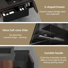 48'' Floating Bathroom Vanity with Sink Combo, Modern Wall-Mounted Striped Bathroom Storage Cabinet with Soft-Close Drawers and Black Quartz Sand Basin, Fully Assembled Smoked Walnut CM-24V16-48WAB