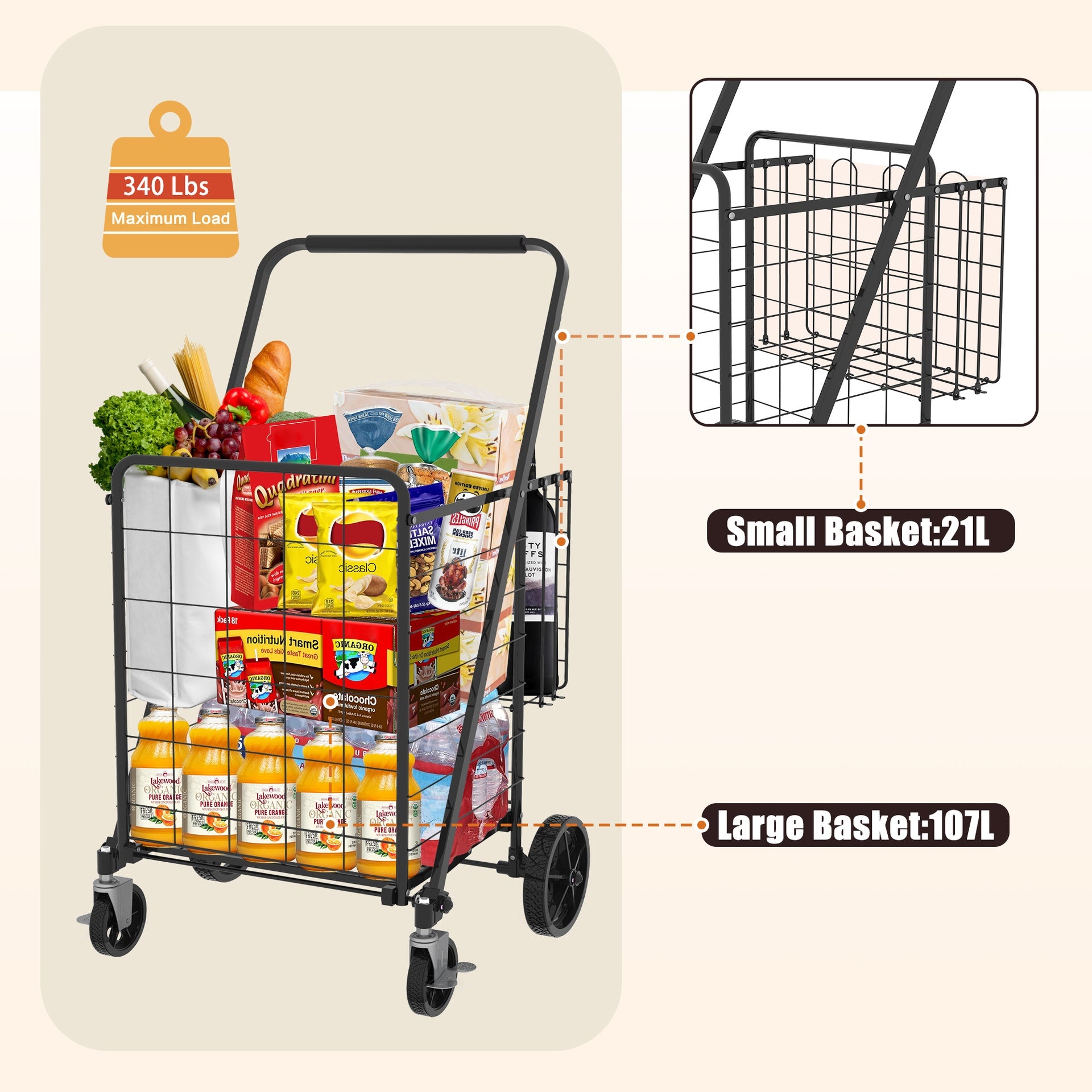 Large Shopping Cart with Brake,Grocery Cart on Wheels, Foldable Utility Shopping Carts with Double Basket and 360° Rolling Swivel Wheels for Groceries Laundry