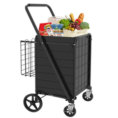 Large Shopping Cart with Brake,Grocery Cart on Wheels, Foldable Utility Shopping Carts with Double Basket and 360° Rolling Swivel Wheels for Groceries Laundry