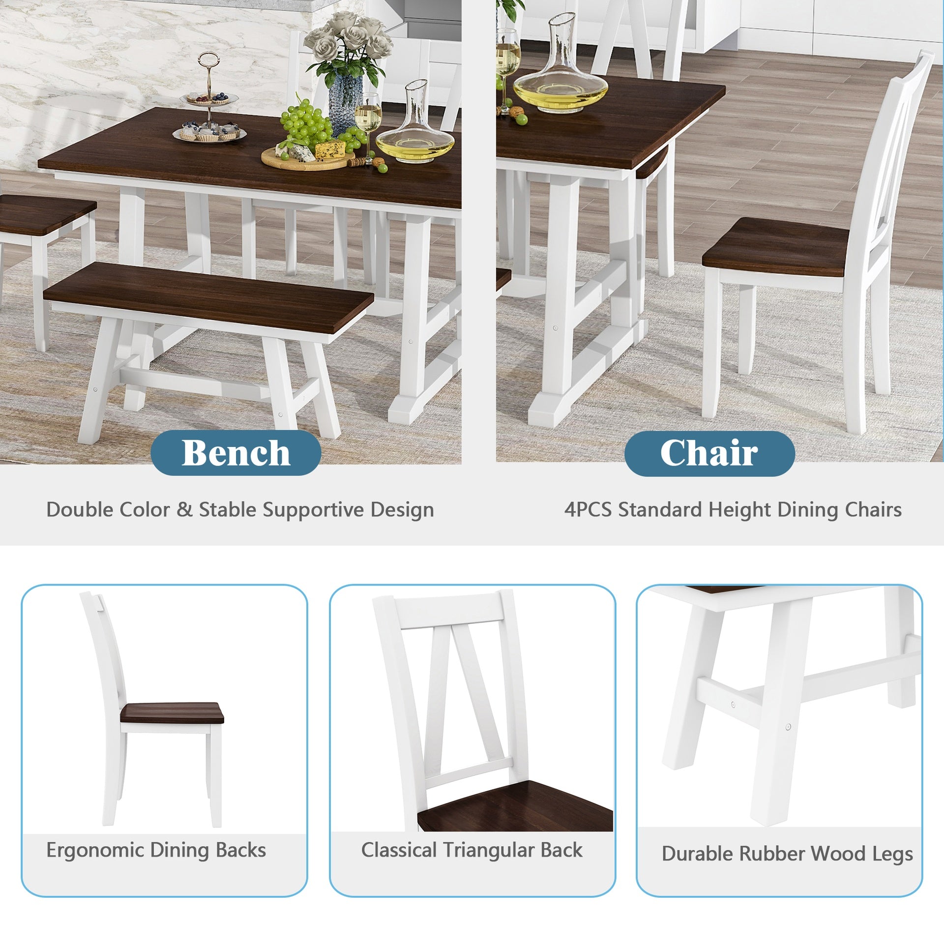 TOPMAX 6-Piece Wood Dining Table Set Kitchen Table Set with Long Bench and 4 Dining Chairs, Farmhouse Style, Espresso+White(old sku:SP000256)