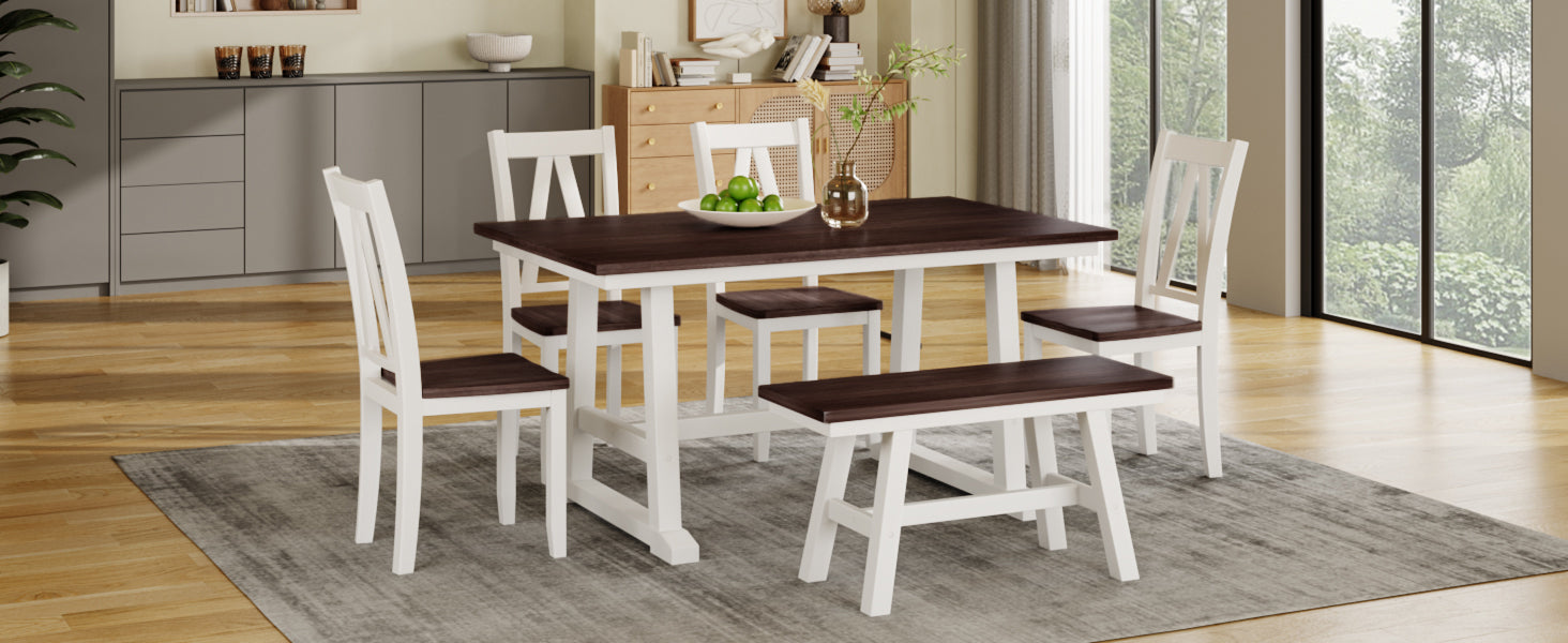 TOPMAX 6-Piece Wood Dining Table Set Kitchen Table Set with Long Bench and 4 Dining Chairs, Farmhouse Style, Espresso+White(old sku:SP000256)