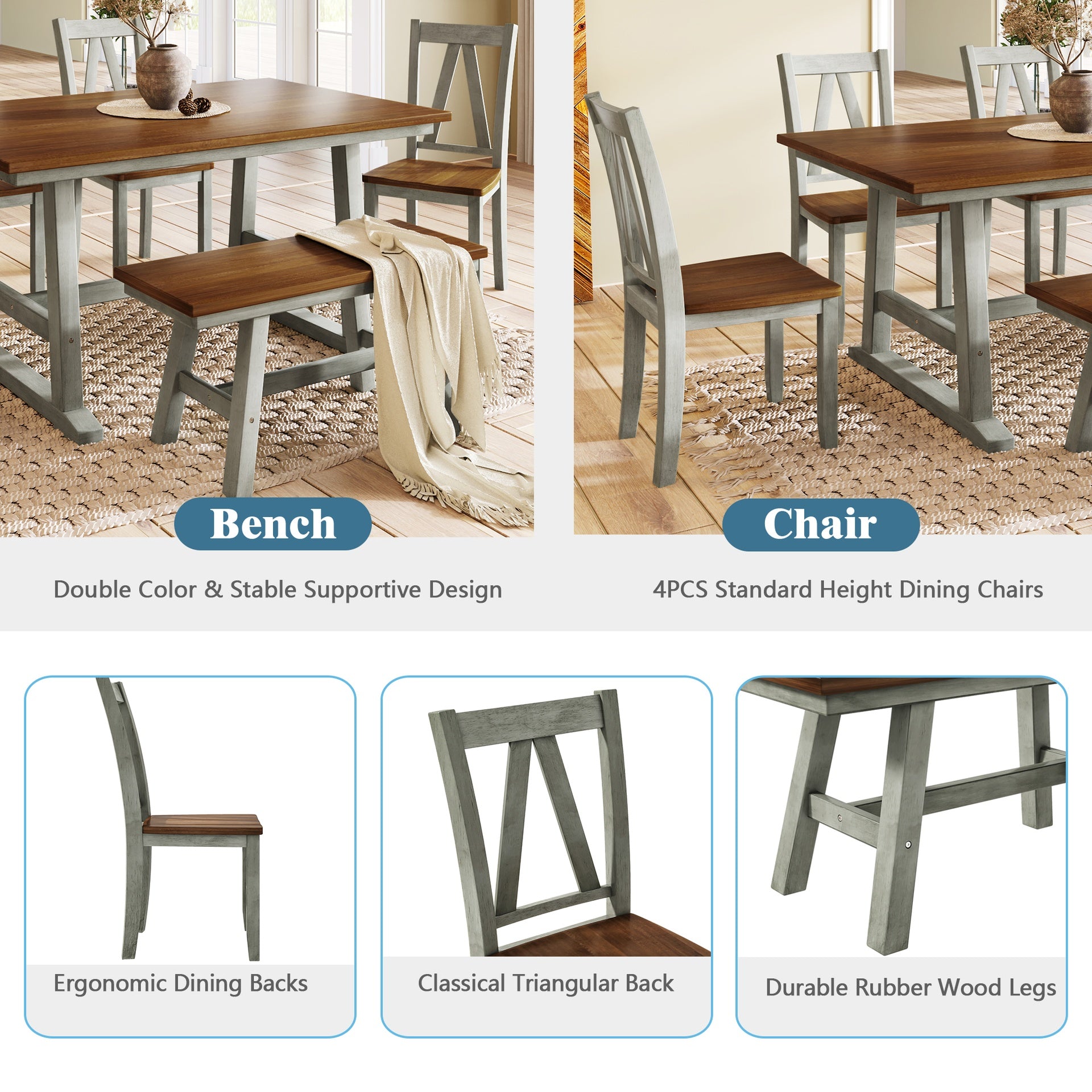 TOPMAX 6-Piece Wood Dining Table Set Kitchen Table Set with Long Bench and 4 Dining Chairs, Farmhouse Style, Walnut+Gray(old sku:SP000256)