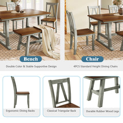 TOPMAX 6-Piece Wood Dining Table Set Kitchen Table Set with Long Bench and 4 Dining Chairs, Farmhouse Style, Walnut+Gray(old sku:SP000256)