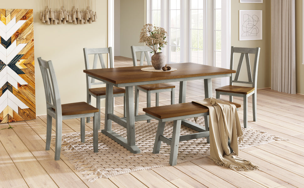 TOPMAX 6-Piece Wood Dining Table Set Kitchen Table Set with Long Bench and 4 Dining Chairs, Farmhouse Style, Walnut+Gray(old sku:SP000256)